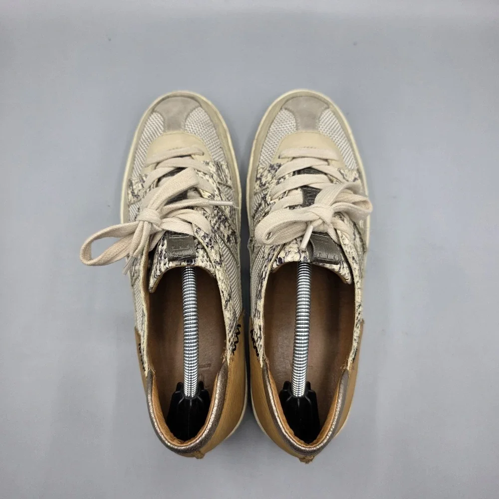 Frye Webster Sneakers Womens 8.5 Beige Leather Platform Snake Print Low Top Shoe